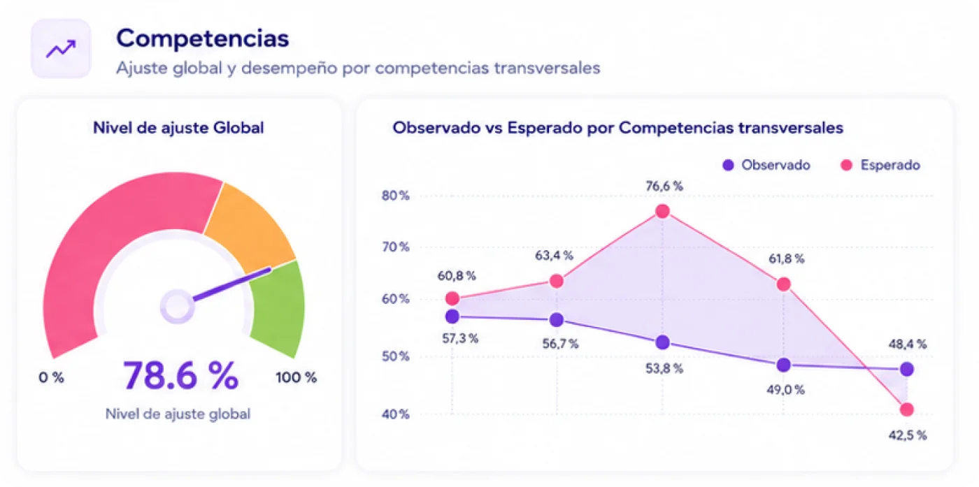 Dashboard de competencias de IODA: nivel de ajuste global y observado vs esperado por competencias transversales